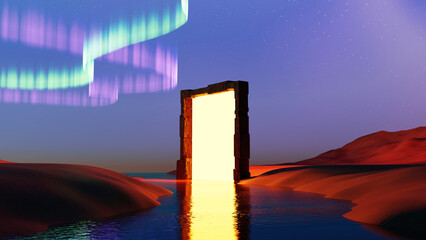 3D render, Surreal Abstract Landscape with stone portal and orange light over beautiful sky background, futuristic scene with lake and dune.
