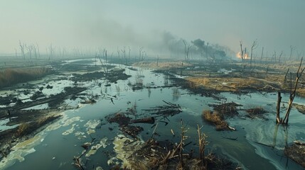 Environmental Devastation/Depict a once-thriving ecosystem now ravaged by war, with charred landscapes, polluted waters, and wildlife struggling to survive amidst the destruction