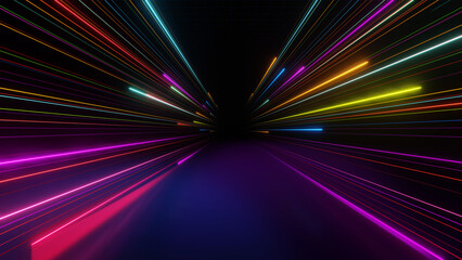 3D render, Abstract speed light trails with colorful neon on floor and dark background, technology fast moving concept.