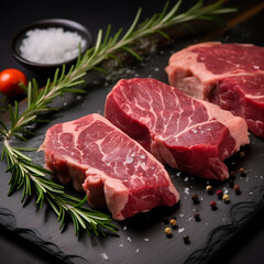 Raw steak with rosemary, salt and pepper on a black background