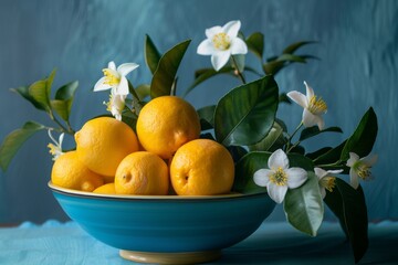 fresh citrus fruit and white flowers in a blue bowl