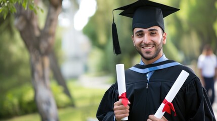 Proud Indian male graduate holding diploma at outdoor settings, smiling for photo. Convocation ceremony theme. Fictional Character Created By Generative AI. 