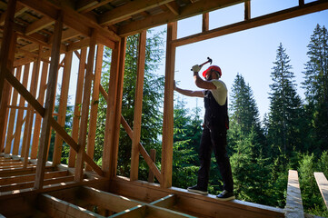 Carpenter constructing wooden frame, two-story house near forest. Bearded man hammering nails with...