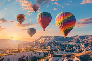 Obraz premium Colorful hot air balloons flying over the mountain. 