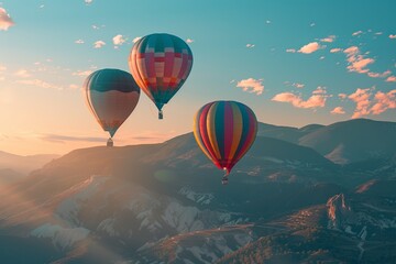 Colorful hot air balloons flying over the mountain. 