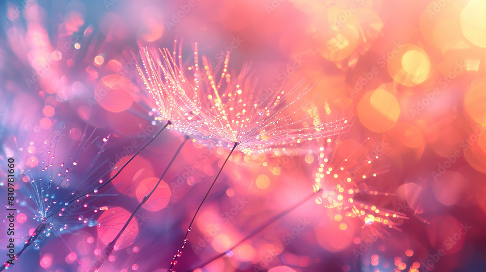 Poster abstract blurred nature background dandelion seeds parachute. abstract nature bokeh pattern