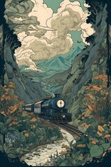 Vintage Train Traveling Through a Mountainous Landscape Illustration
