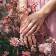 Fototapeta premium Elegant Hands Gently Touching Soft Pink Flowers 