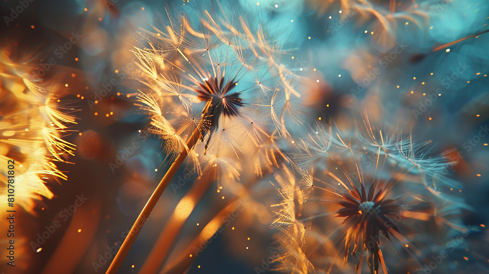 Poster abstract blurred nature background dandelion seeds parachute. abstract nature bokeh pattern