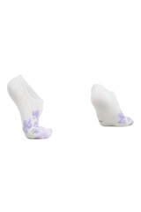 Close-up shot of a woman's short cotton socks with embroidery. A pair of white socks with a purple print are isolated on a white background. Back view.