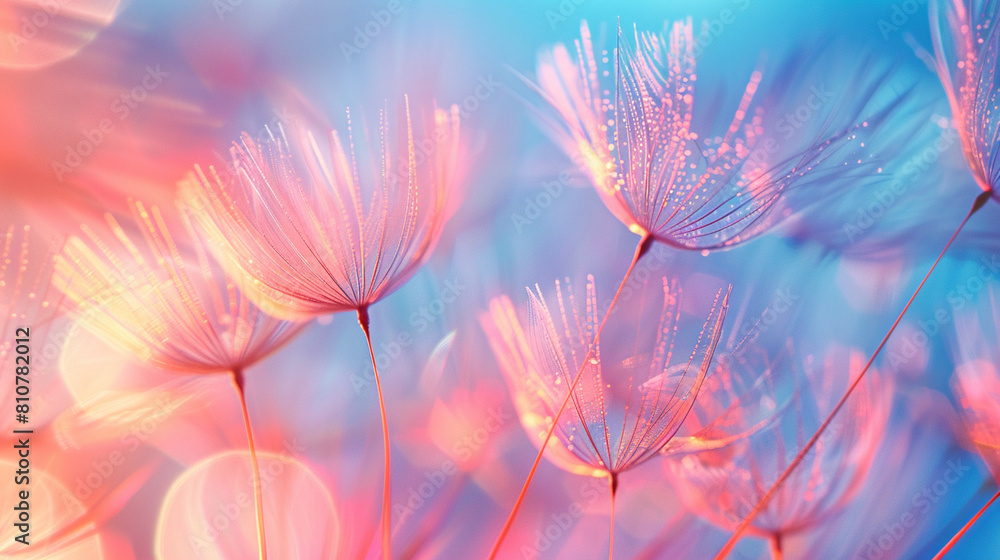Poster abstract blurred nature background dandelion seeds parachute. abstract nature bokeh pattern
