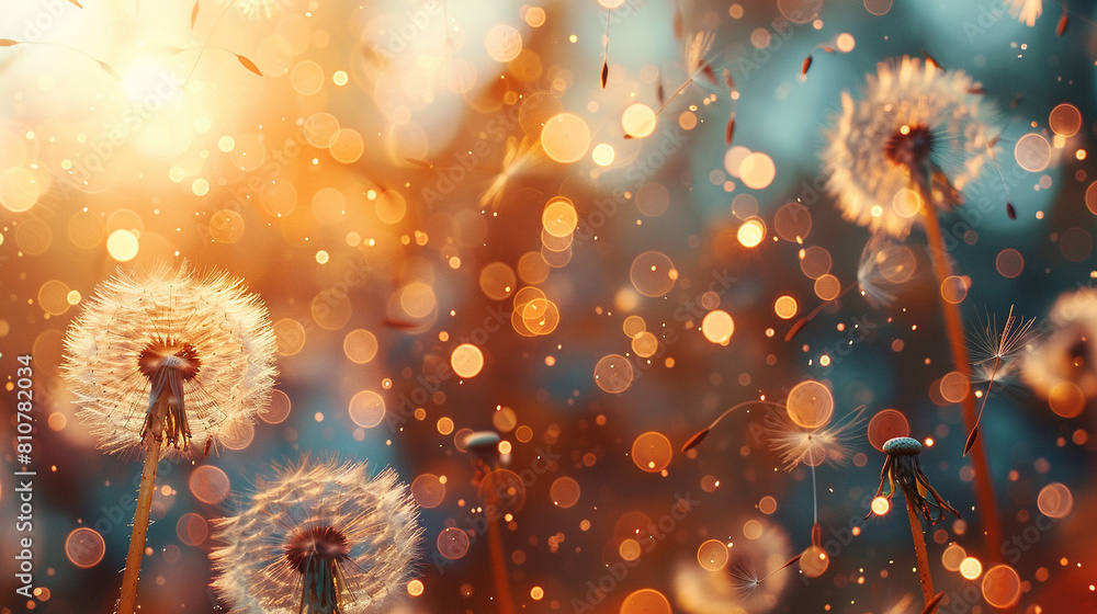 Poster abstract blurred nature background dandelion seeds parachute. abstract nature bokeh pattern