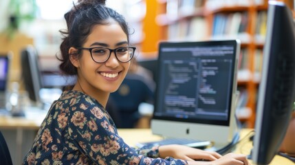 Young Indian woman using computer in library, smiling for photo. Fictional Character Created By Generative AI. 