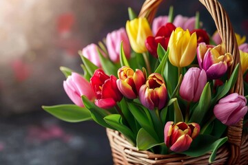 Vibrant tulip bouquet in wicker basket