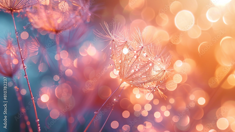 Poster abstract blurred nature background dandelion seeds parachute. abstract nature bokeh pattern