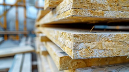 Stack of insulation panels on a building site, emphasizing their quality material and thermal benefits, perfectly organized