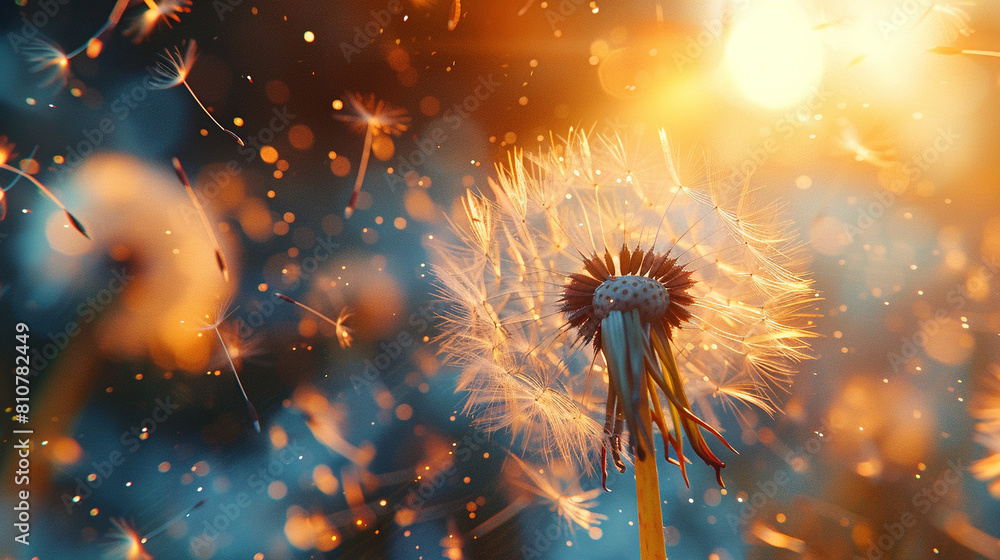 Poster abstract blurred nature background dandelion seeds parachute. abstract nature bokeh pattern