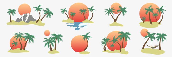 Silhouettes of palm trees. Colorful tropical set. Waiting for summer. The sea and the beach.
