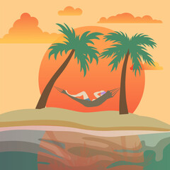 Rest among palm trees on the beach. Tropical relaxation. Summer season.