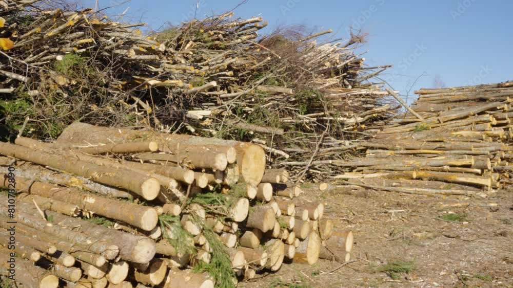 Poster fallen timber harvest logs of consistent size and girth stacked in large pile