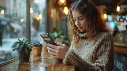 Young woman browsing on smartphone in cozy cafe.