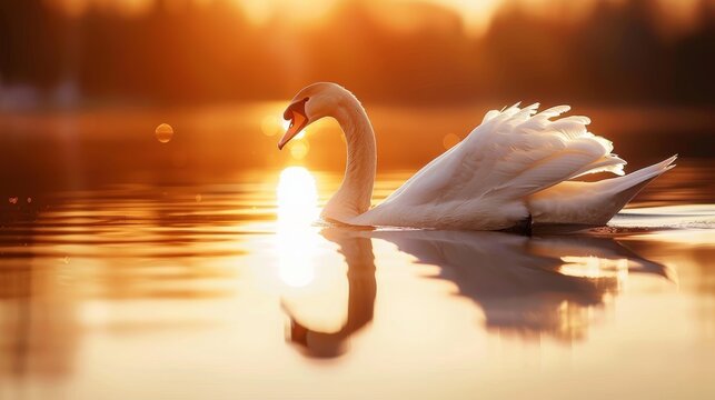 Fototapeta Graceful White Swan Gliding on Calm Lake at Sunset - Telephoto Lens.