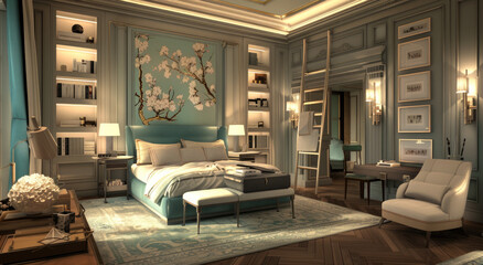 A luxurious bedroom with soft, teal walls and an elegant headboard on the bed. The room is filled with delicate pastelcolored furniture, including armchairs, nightstands