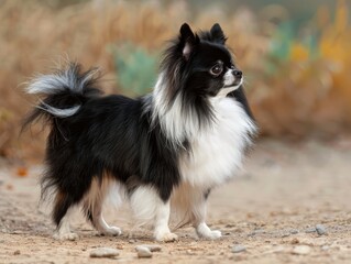 Obraz premium Adorable black and white chihuahua dog standing on dirt path