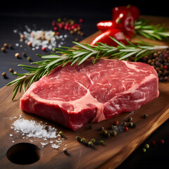 Fototapeta premium Raw beef steak with rosemary and spices on wooden cutting board.