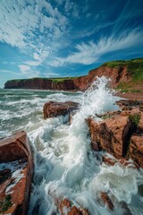 Dramatic waves crashing against rocky cliffs