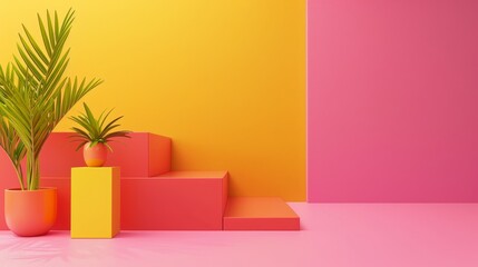 vibrant tropical studio scene with geometric shapes