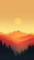 Stylized Illustration of Sunset Over Mountain Range
