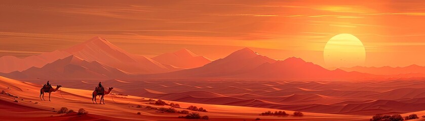Obraz premium A detailed depiction of a desert safari with travelers on camels, exploring vast sand dunes under a scorching sun, rendered in a warm, earthy color palette