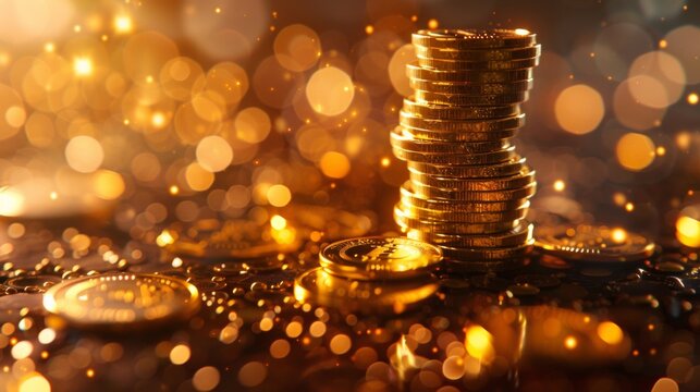 Surreal photo of golden coins with sparkling lights in the background, stacked in piles and scattered around, creating an atmosphere of wealth and opulence.