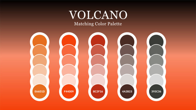Set of volcano color palette combination in rgb hex. Matching color palette guide swatch catalog collection with RGB HEX color combinations. Suitable for Branding, fashion, home, or interior design.