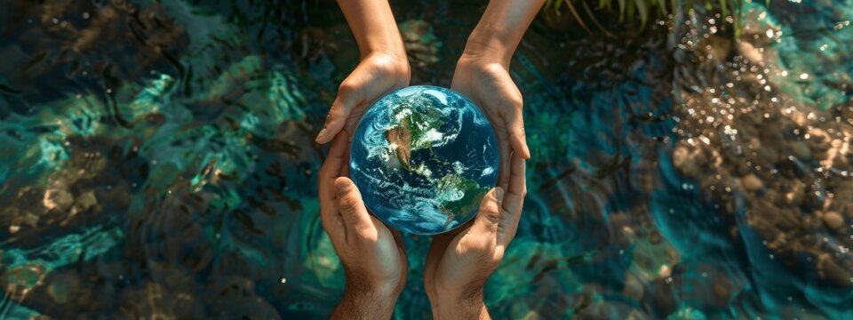 Realistic shot of a group holding hands forming an earth symbol, with the Earth in their cupped palms surrounded by water and nature elements. 