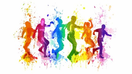 Rainbow people dancing and having fun, rainbow colors and white background.