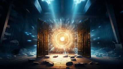 A dramatic scene of an open vault door with rays of light revealing piles of bitcoins inside, suggesting wealth and the secretive nature of cryptocurrency storage.