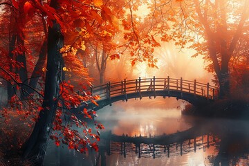Autumn natural landscape. Bridge over a lake in the autumn forest. Path in the golden forest. Romantic view of the image scene. Magical foggy sunset pond. red tree leaves
