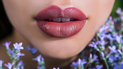 natural Big juicy lips on the floral background.
