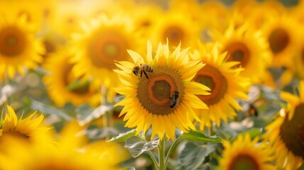 Macro Bees Pollinating Blooming Sunflowers