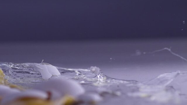Close-up of a shattered egg with yolk and shell fragments splashing in super slow motion