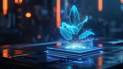 Bioluminescent Plant on a Futuristic Tech Platform