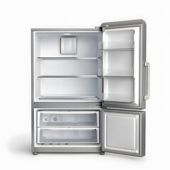 Open empty fridge front view isolated on white background