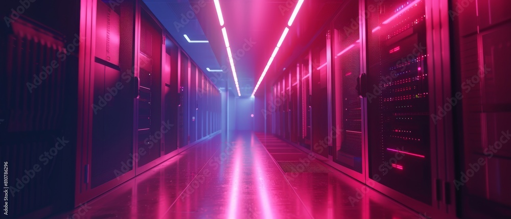 Poster this is a shot of a corridor containing rack servers and supercomputers in a working data center.