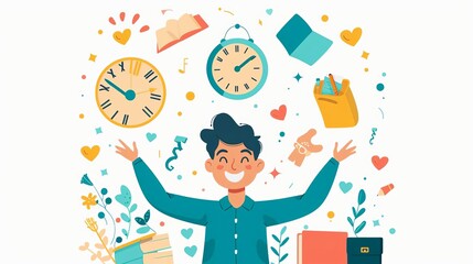 A stylized graphic of a student juggling symbols of student life a clock for time management, a book for study, a heart for social life, and a wallet for budgeting