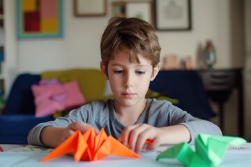 American Preschooler Boy Folding Paper Craft in Room, Preparation for Origami Exhibition. Fictional Character Created By Generative AI. 