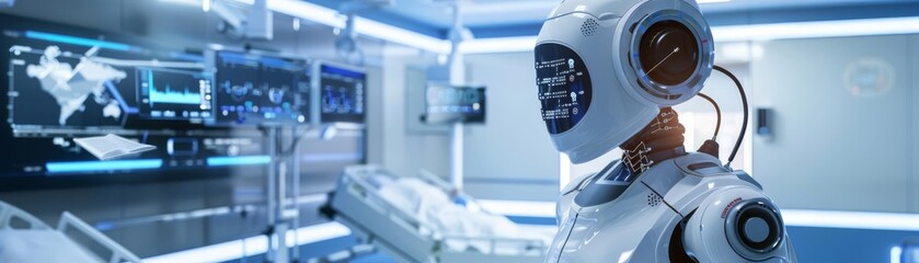 AI in healthcare A robot using advanced diagnostics on a patient in a futuristic hospital room