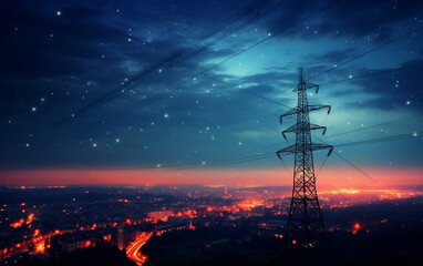 Power line at sunset with stars in the sky. Nature background. - Powered by Adobe