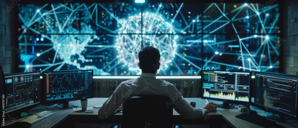 Poster a neural network and machine learning engineer at work. multiple displays depict representations of 